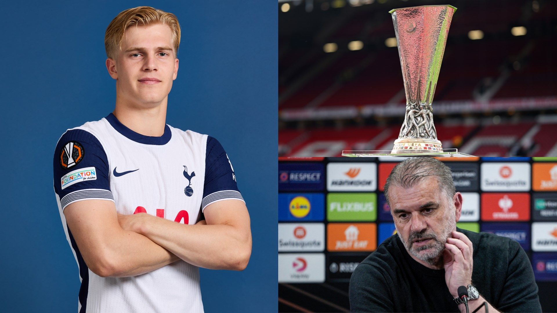 Lucas Bergvall, Europa League trophy, and Tottenham boss Ange Postecoglou