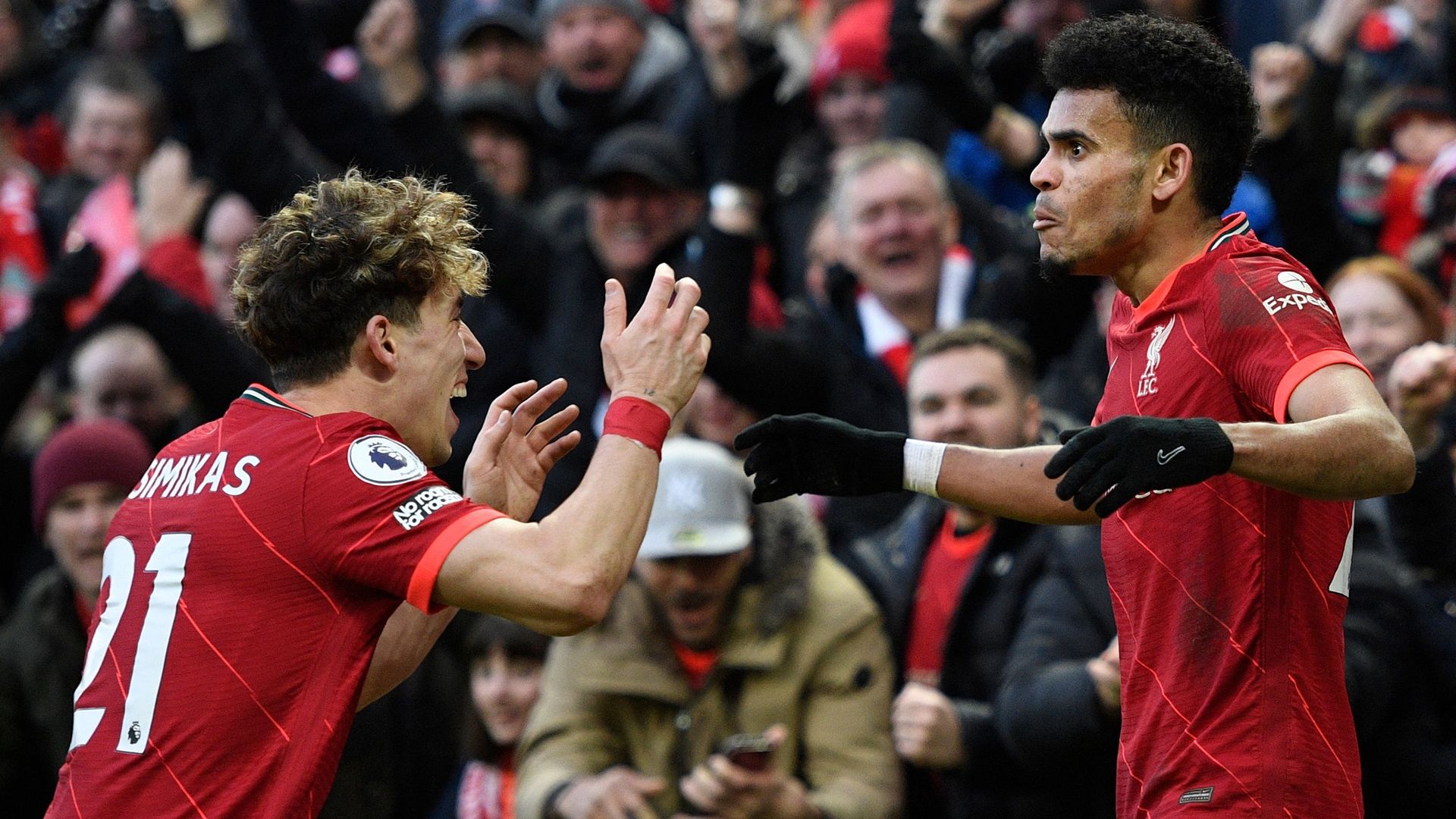 Luis Diaz Kostas Tsimikas Liverpool Norwich Premier League 2021-22 