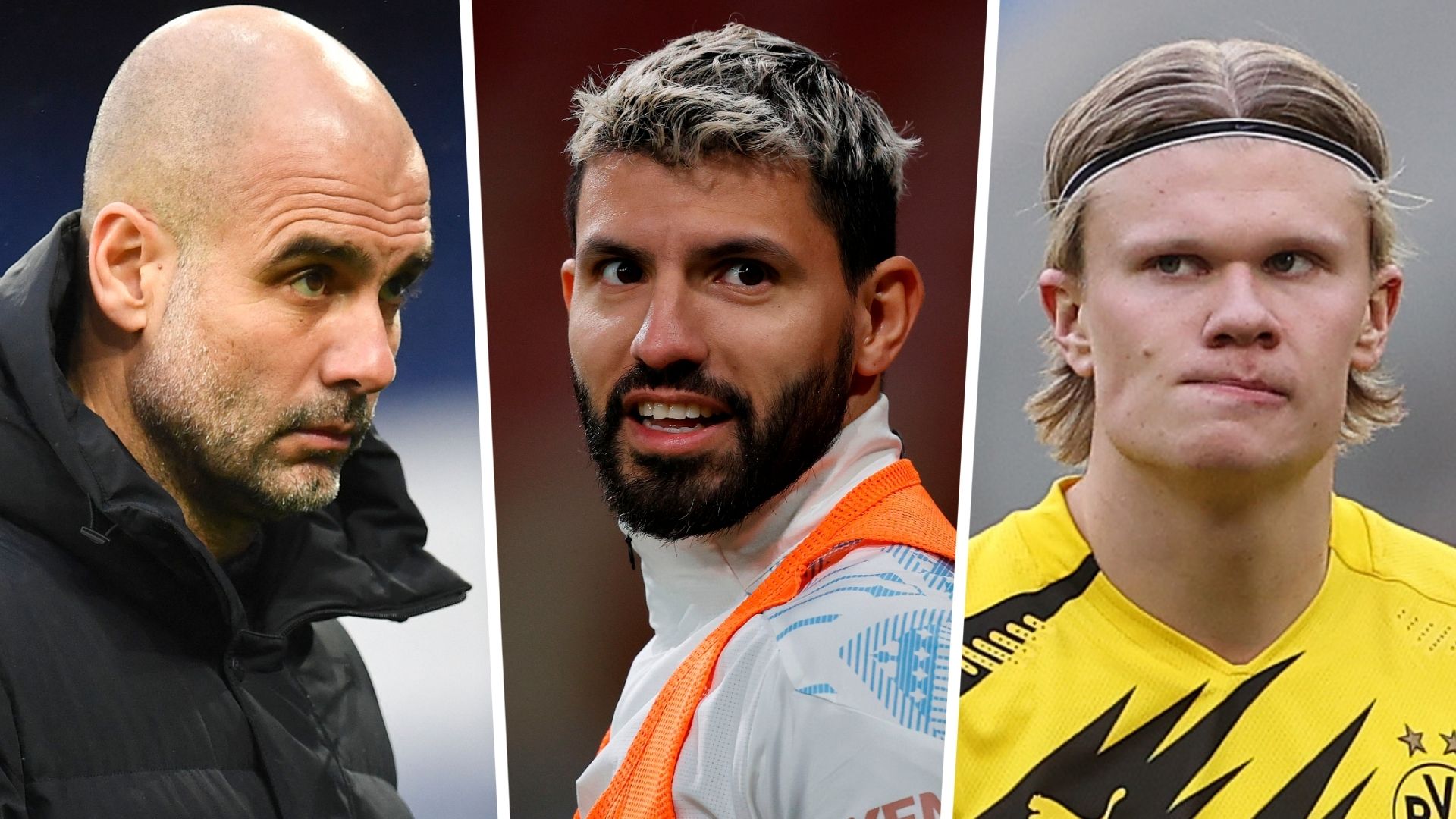 Sergio Aguero Pep Guardiola Erling Haaland Manchester City Dortmund GFX