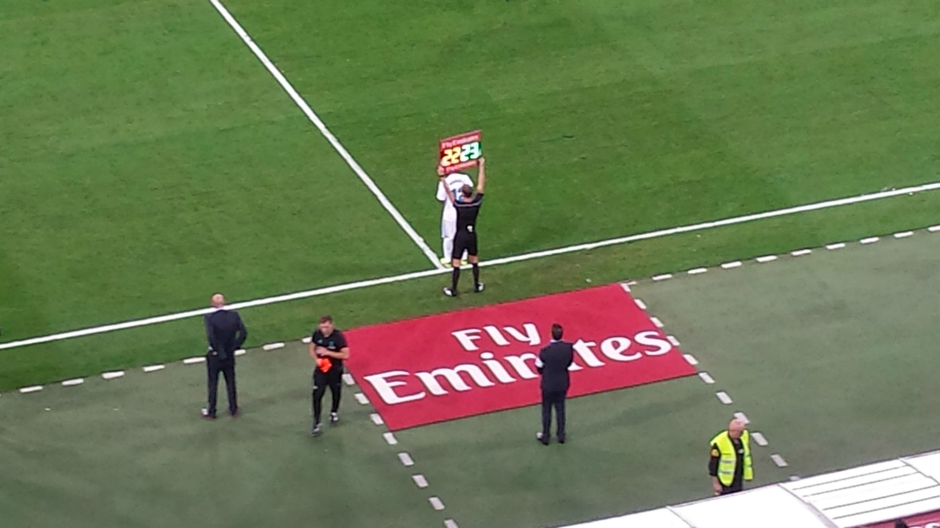 Marcelo taking part in a substitution at Santiago Bernabeu stadium