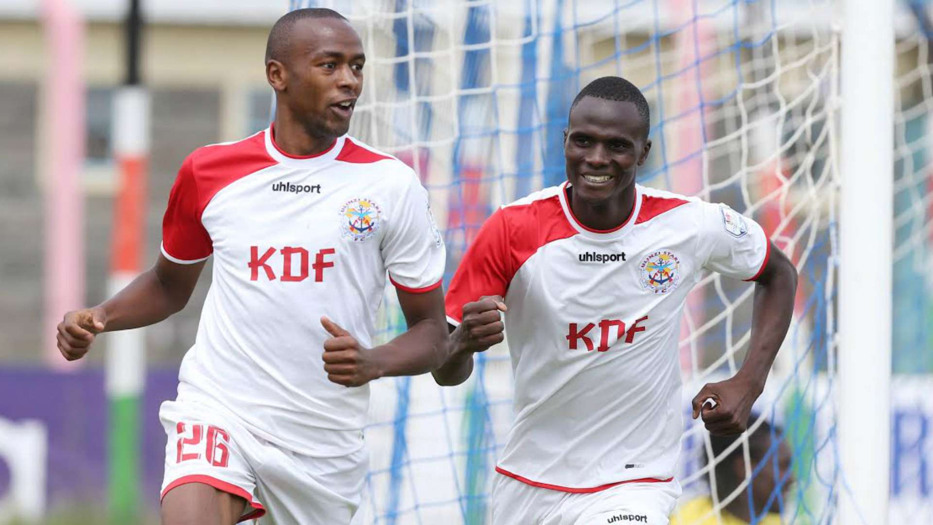 Ulinzi Stars striker Daniel Waweru (L) celebrate scoring with Enosh Ochieng