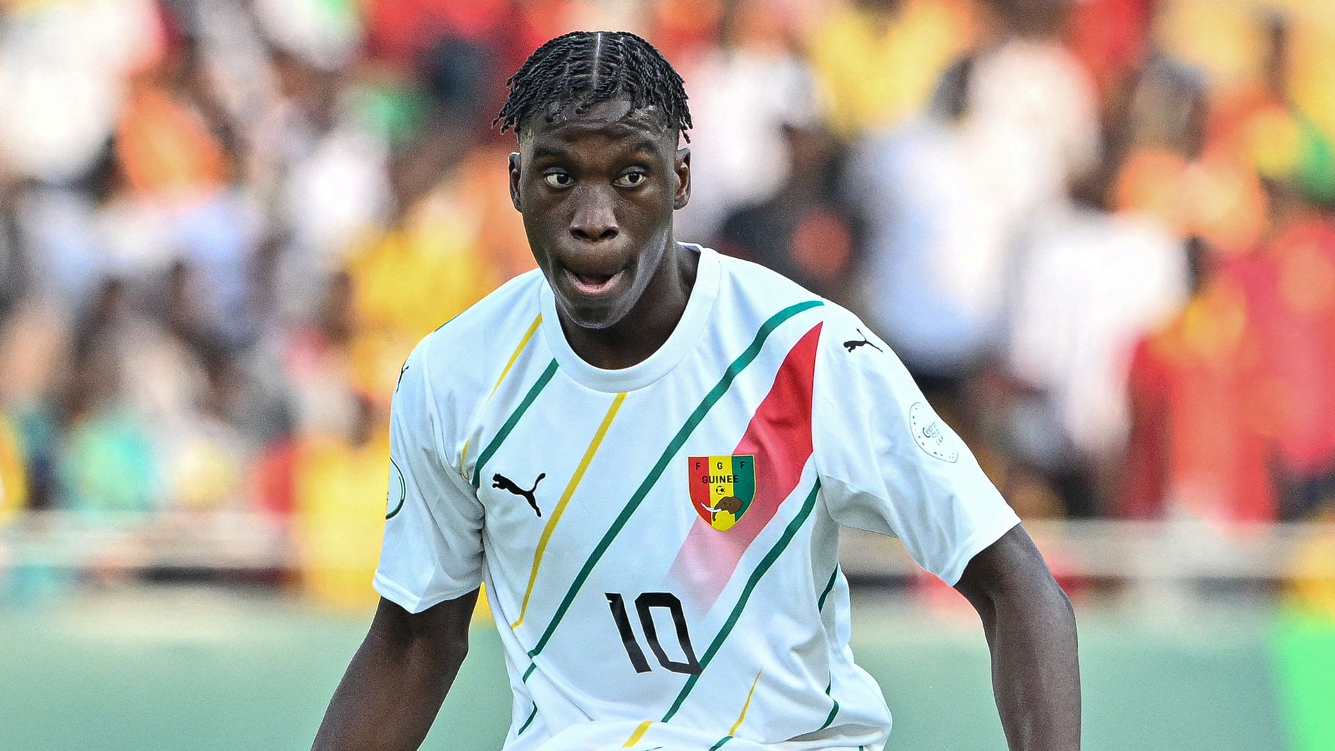Ilaix Moriba Kourouma of Guinea kicks the ball during the 2023 Africa Cup of Nations Group C football match between Cameroon and Guinea at Stade Charles Konan Banny in Yamoussoukro on January 15, 2024