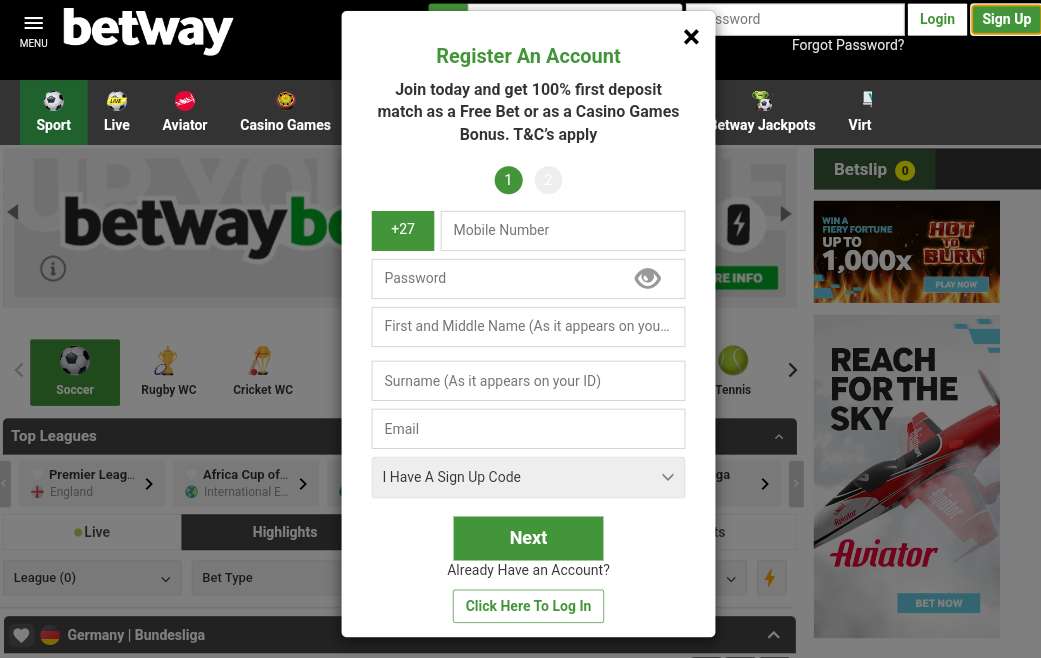 betway registration form screenshot