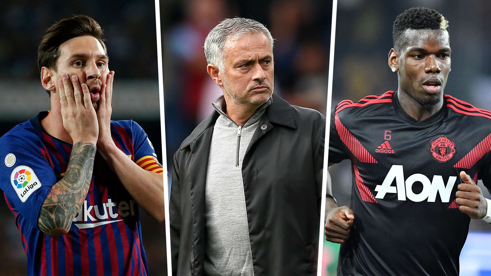 Lionel Messi Jose Mourinho Paul Pogba composite