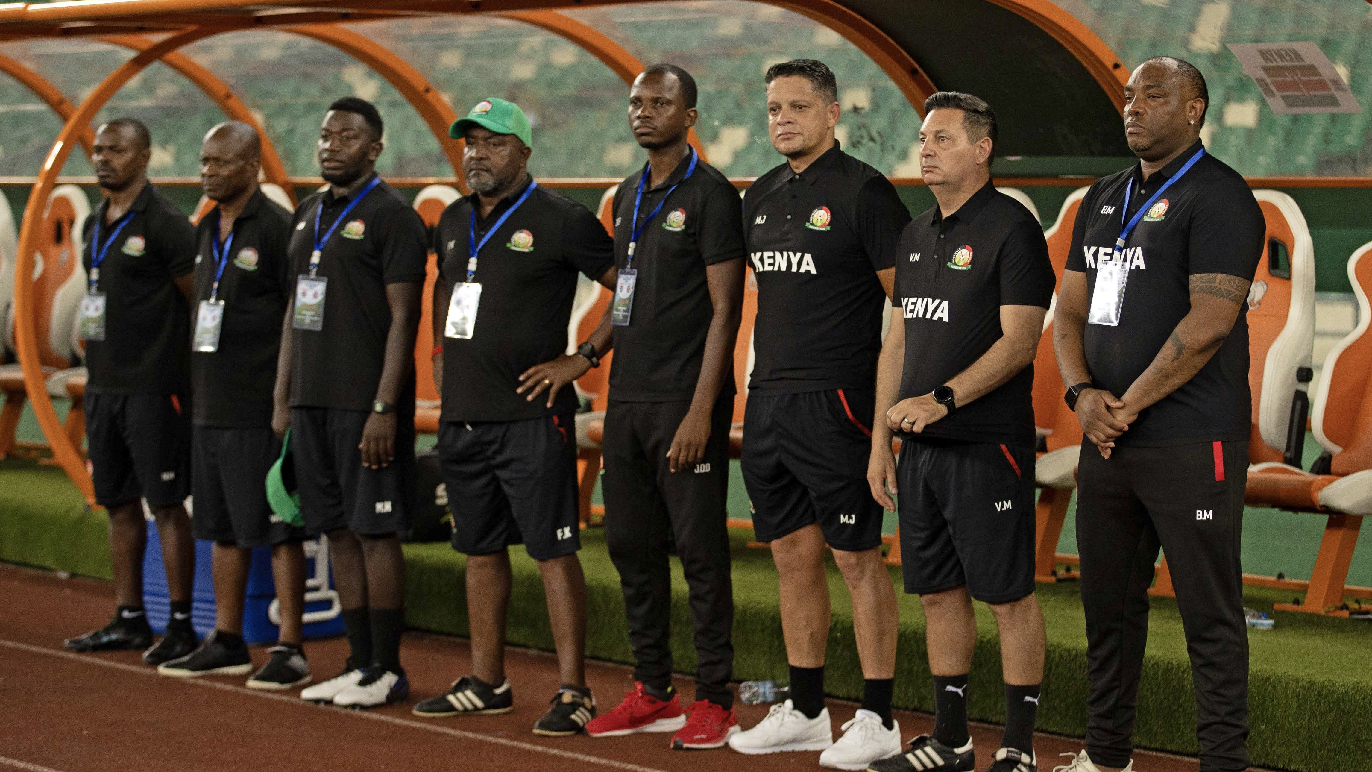 Harambee Stars head coach Benni McCarthy and members of his technical bench