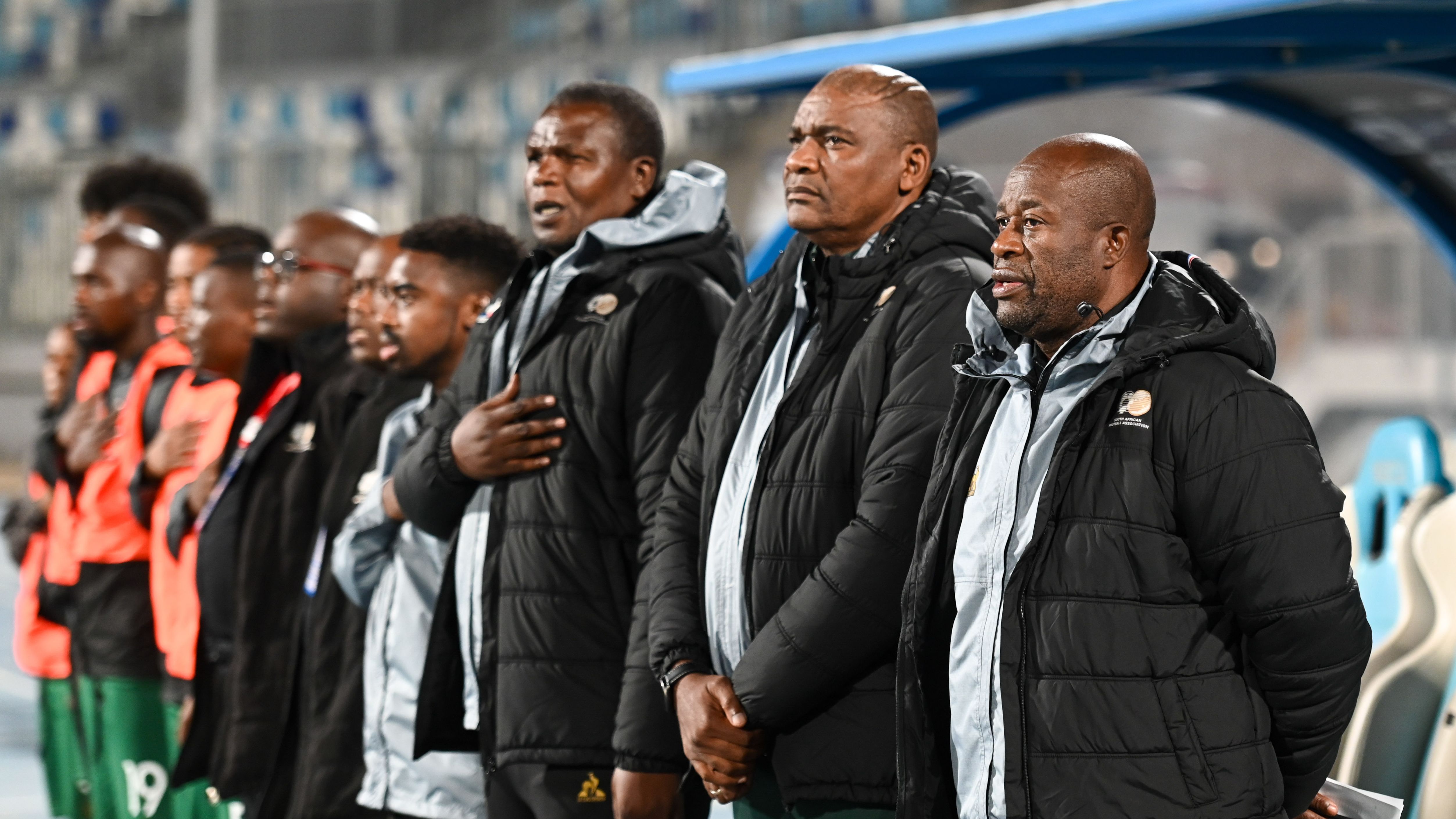Bafana Bafana head coach Molefi Ntseki and members of the technical bench.