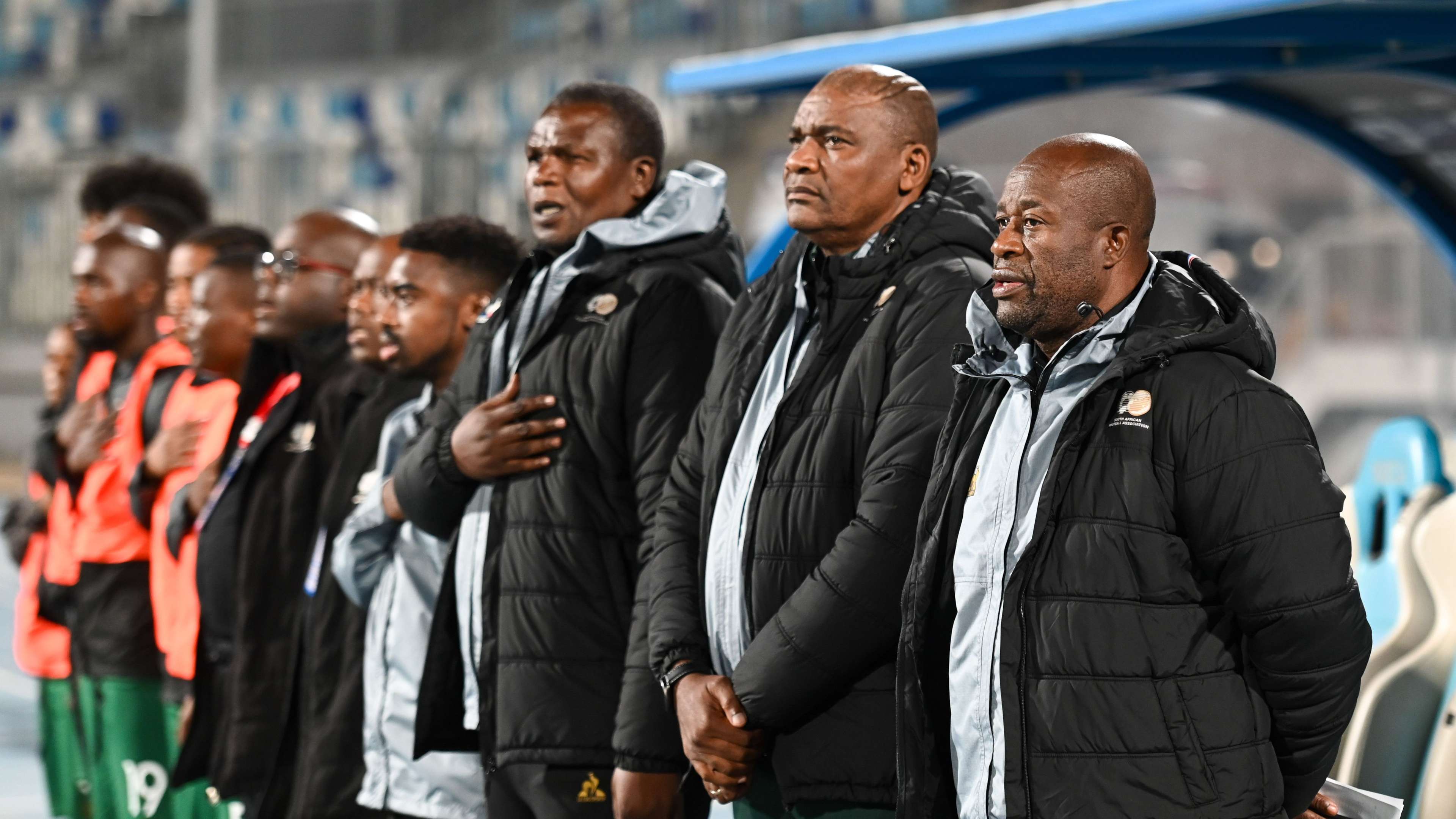 Bafana Bafana head coach Molefi Ntseki and members of the technical bench.