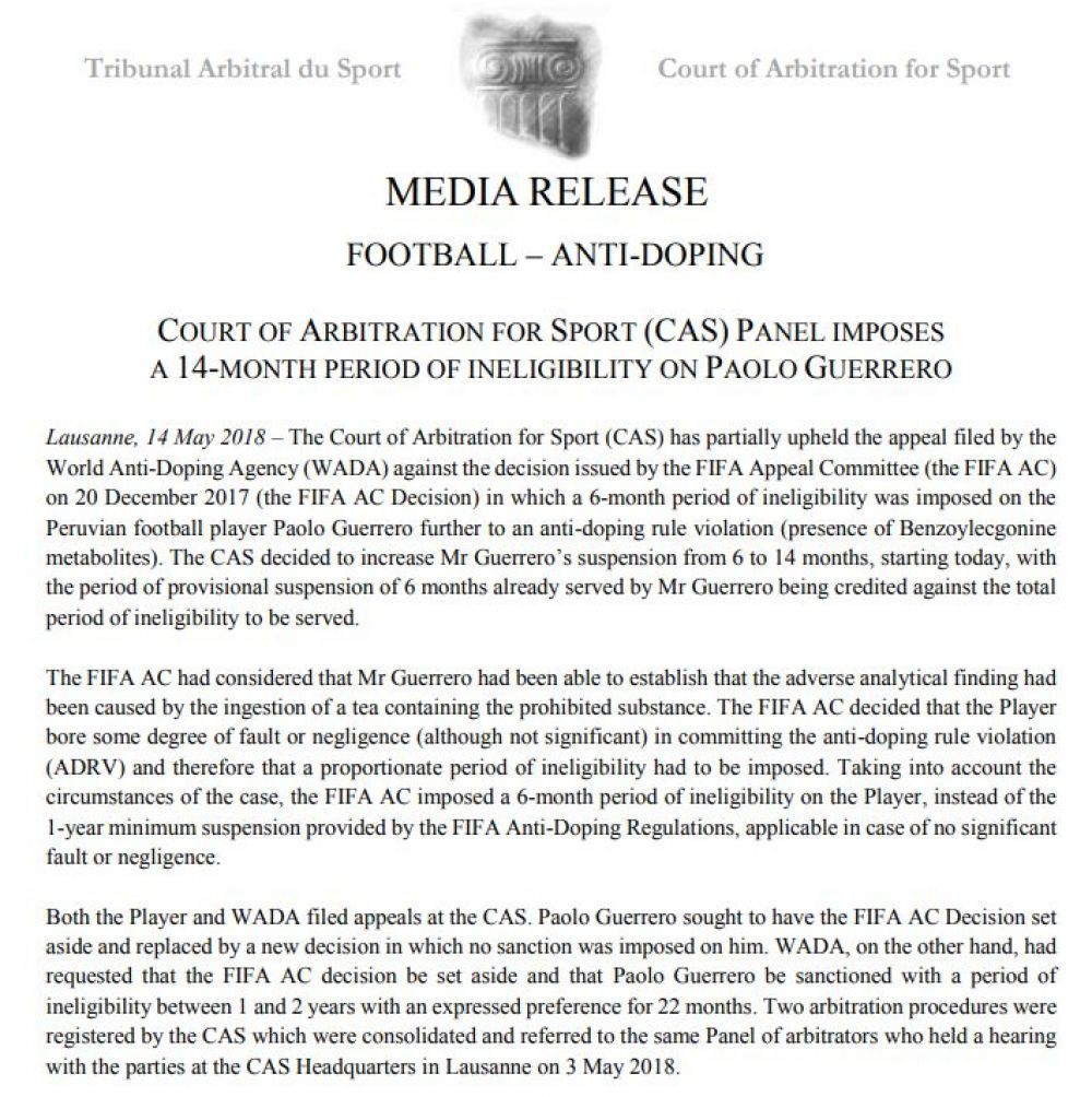 Comunicado TAS Paolo Guerrero 140518