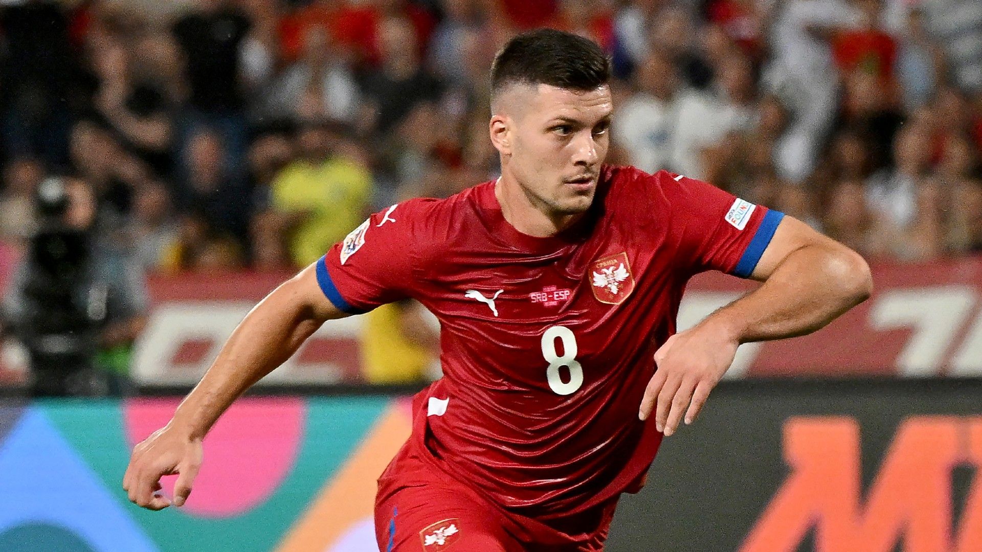 Serbia's forward #08 Luka Jovic runs with the ball