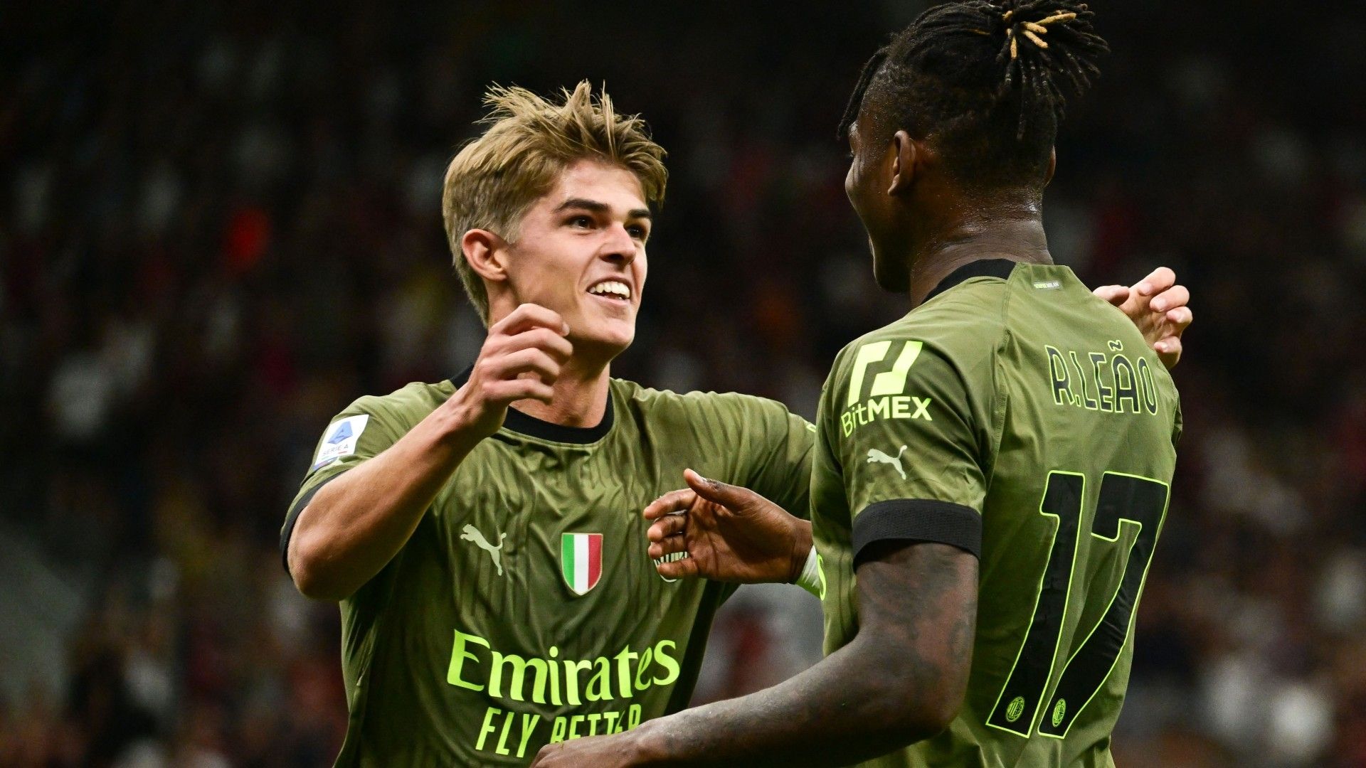 De Ketelaere Rafael Leao celebrating Milan Bologna Serie A