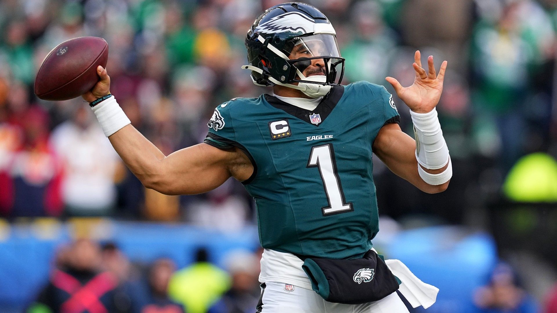 Jalen Hurts #1 of the Philadelphia Eagles throws a pass 