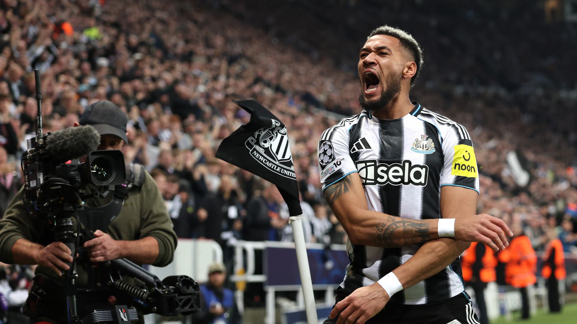  Joe Linton of Newcastle United celebrates scoring his team's second goal during the UEFA Champions League