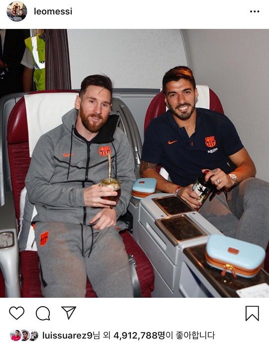 바르셀로나 동료 리오넬 메시(좌)와 루이스 수아레스(우). 사진=메시 인스타그램 캡처