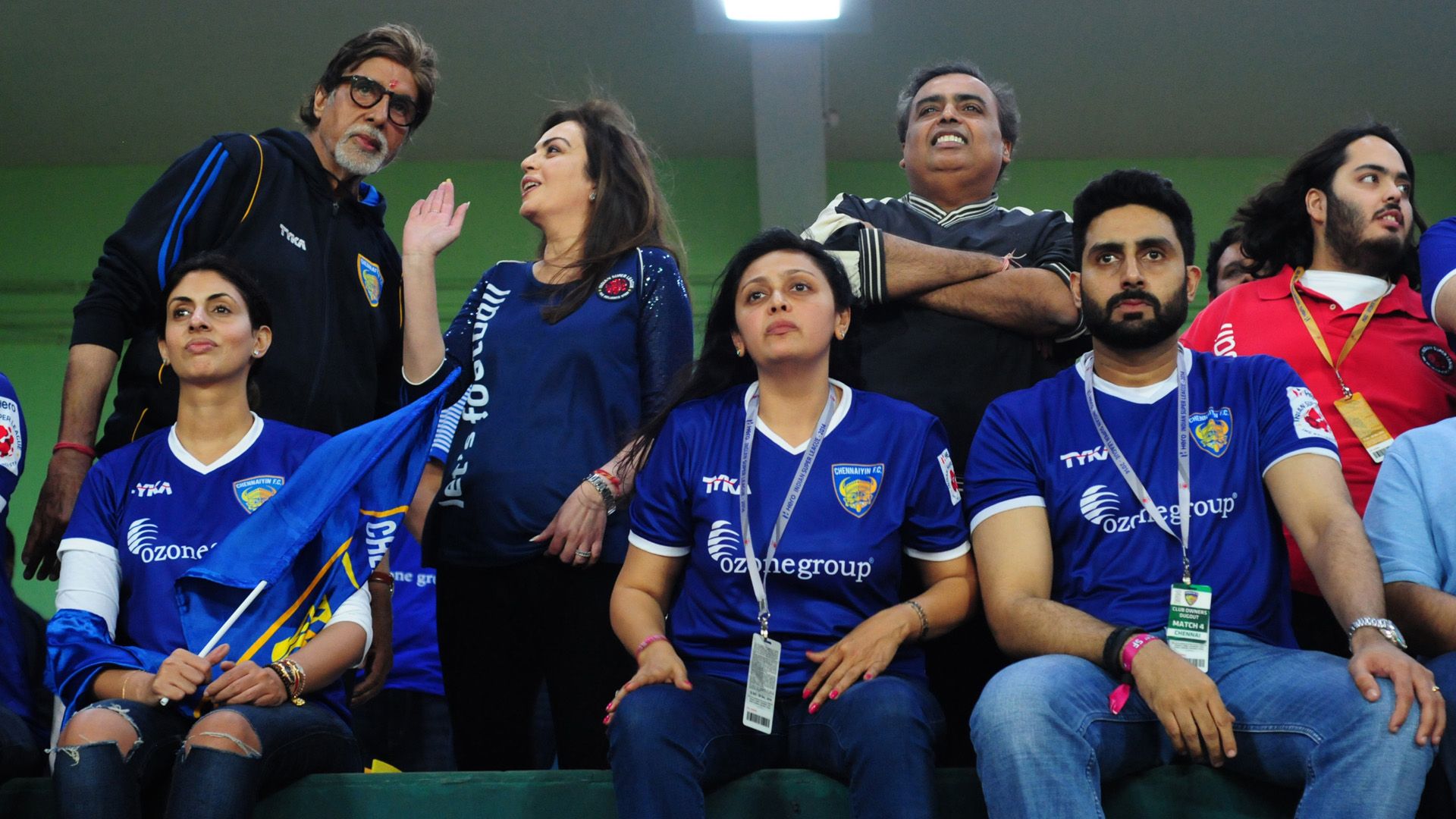 Amitabh Bachchan Nita Ambani Mukesh Ambani Abhishek Bachchan during Second ISL semi final match between Chennaiyin FC and Kerala Blasters FC