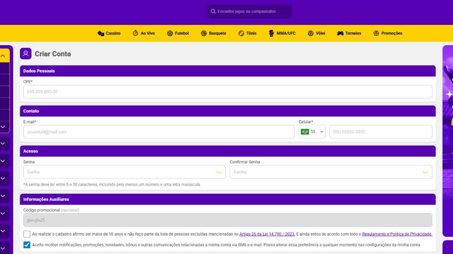 Lance de Sorte cadastro