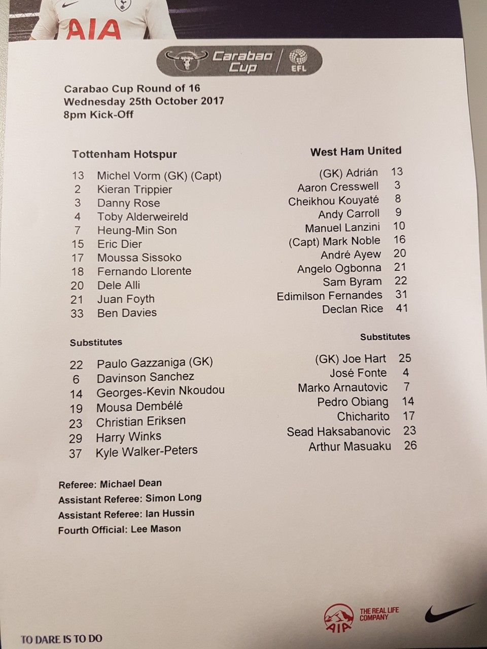 토트넘 웨스트햄 팀시트