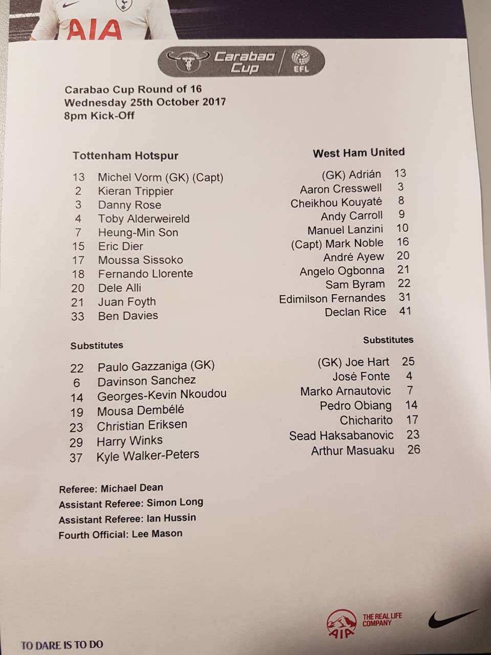 토트넘 웨스트햄 팀시트