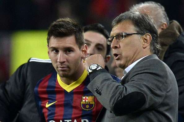 Barcelona forward Lionel Messi and coach Gerardo Martino