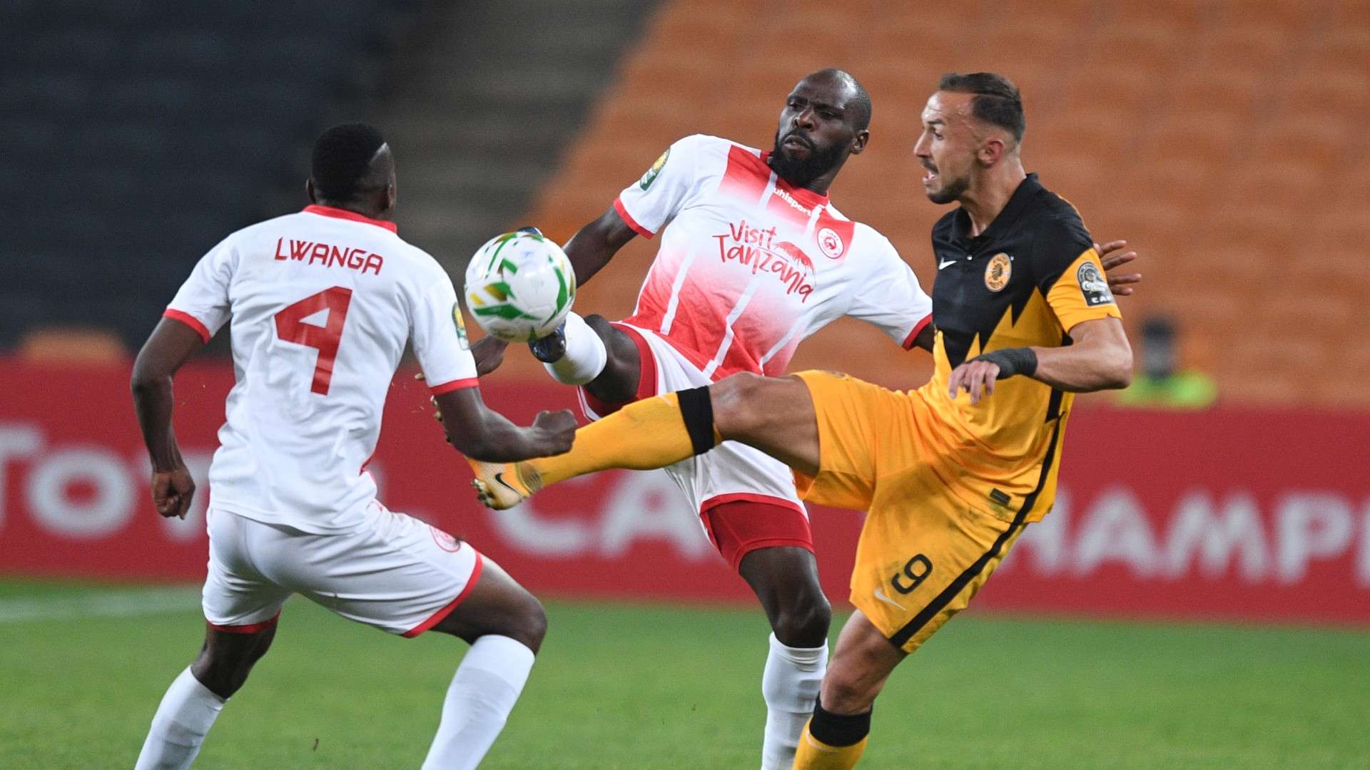 Joash Aching Onyango of Simba SC challenges Samir Nurkovic of Kaizer Chiefs.