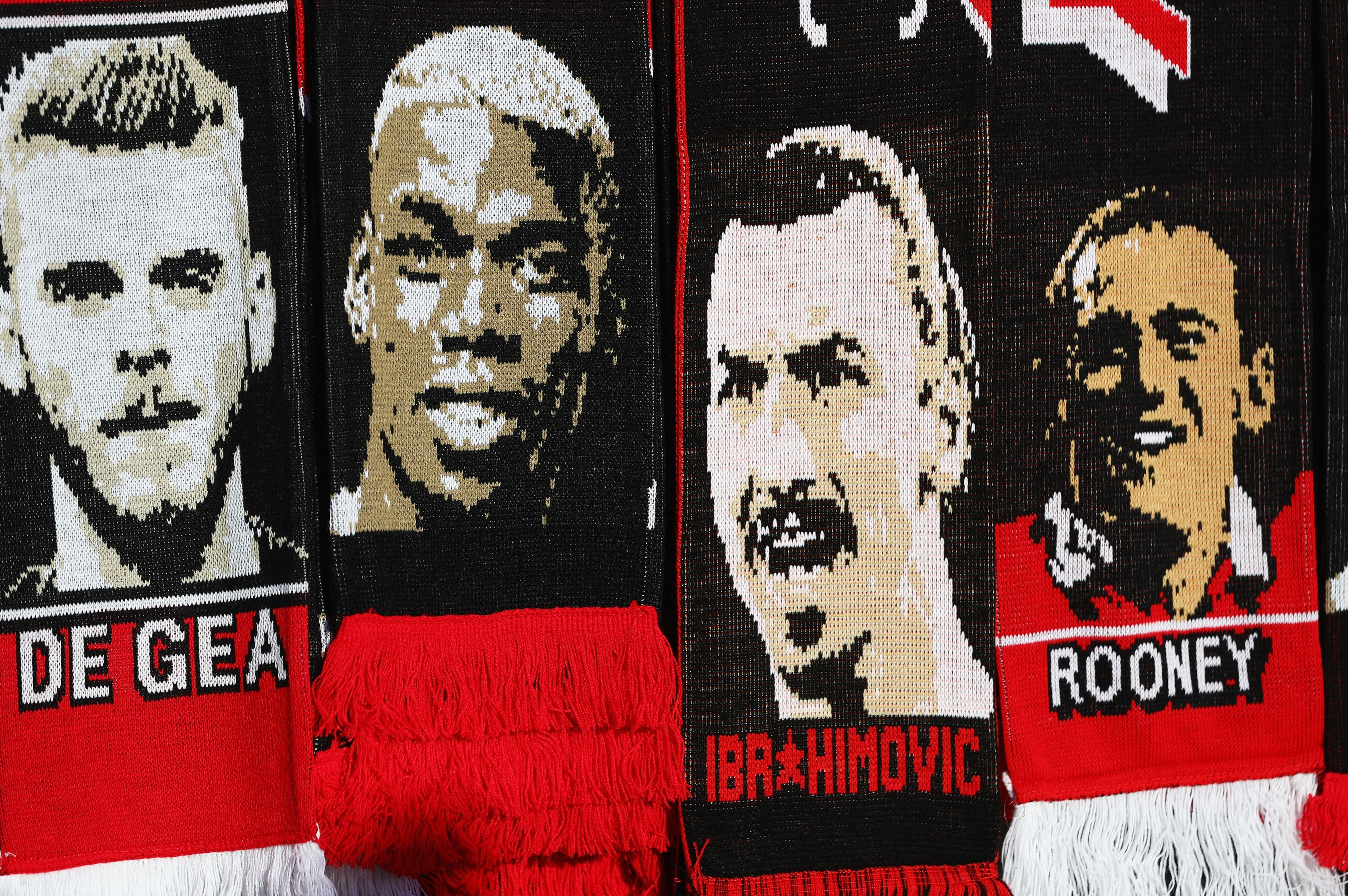 Manchester United scarves Old Trafford De Gea Pogba Ibrahimovic Rooney