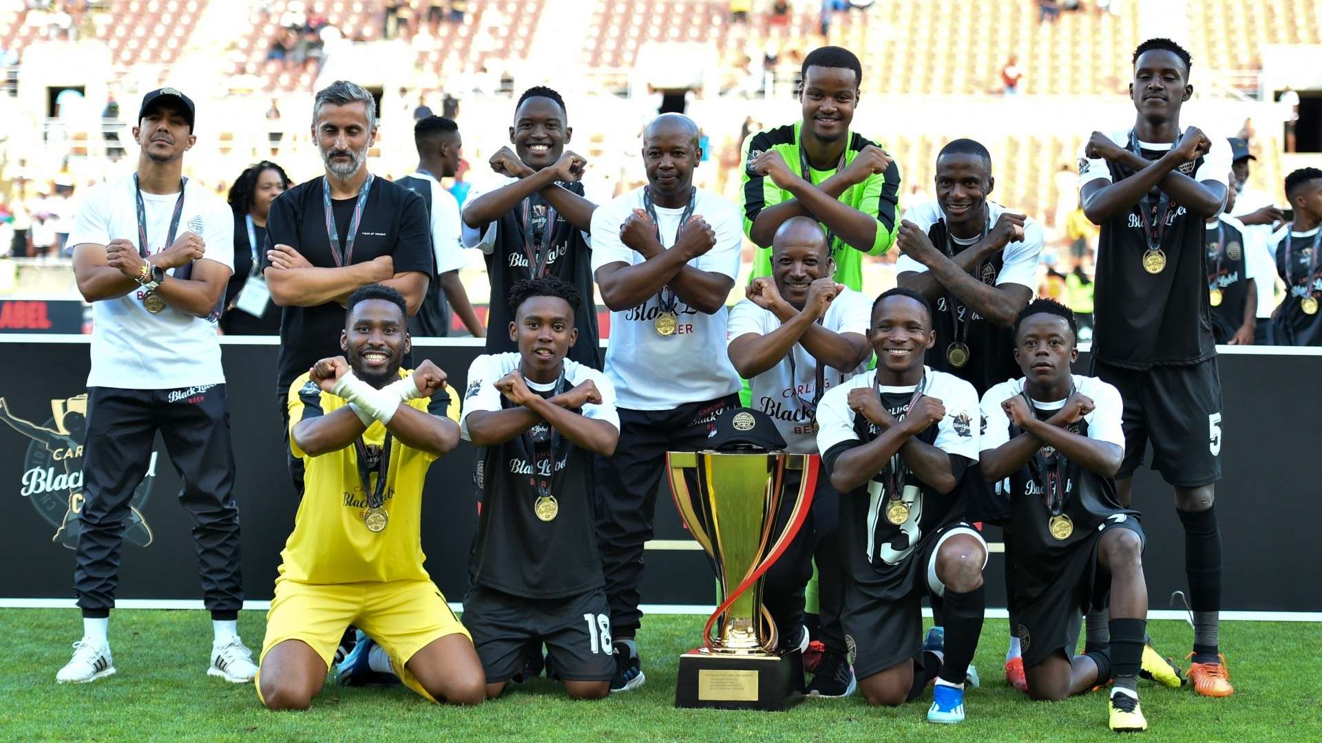 All Star players pose with trophy during the Carling Knockout All Stars vs Stellenbosch game.