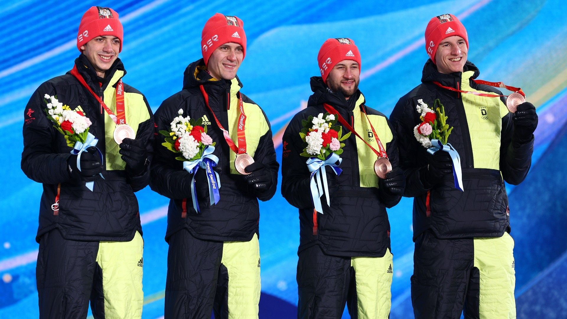 Bronze medallists Constantin Schmid, Stephan Leyhe, Markus Eisenbichler and Karl Geiger of Team Germany
