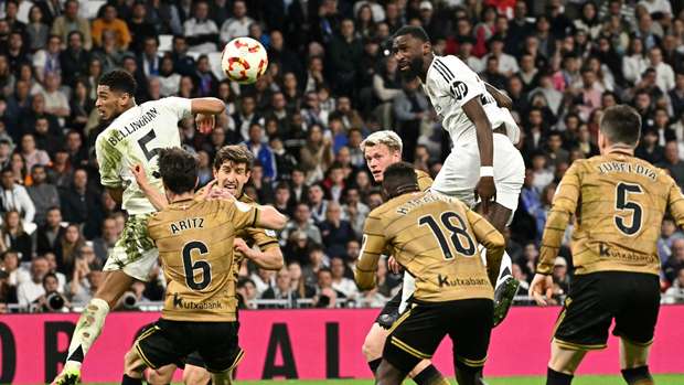 Real Madrid's German defender #22 Antonio Ruediger scores