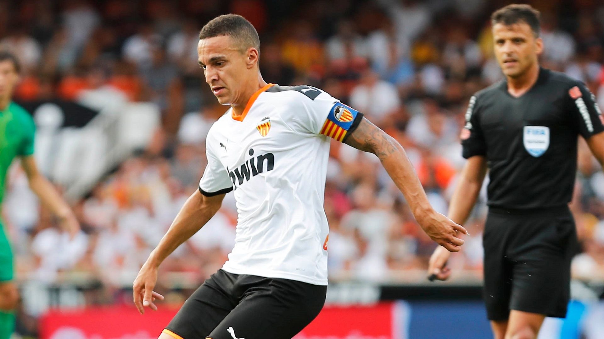 Rodrigo of Valencia in La Liga action in June 2020