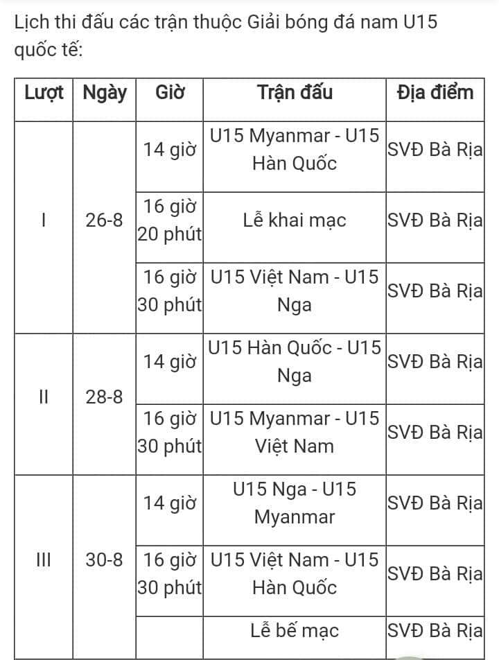 International Friendly Tournament U15 in Ba Ria Vung Tau (Vietnam) - Schedule