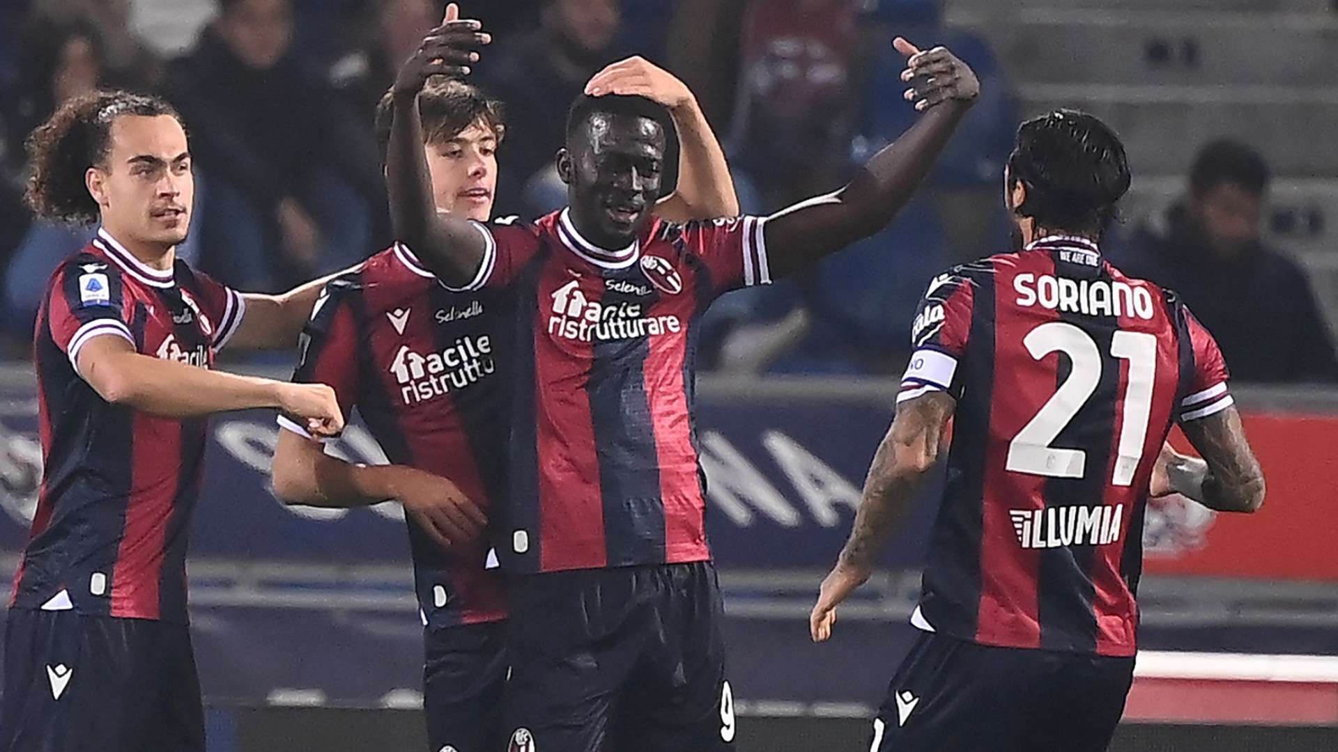 Bologna celebrates goal against Milan