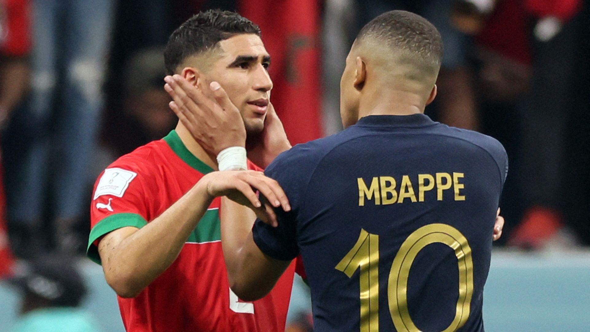 Achraf Hakimi of Morocco, Kylian Mbappe of France
