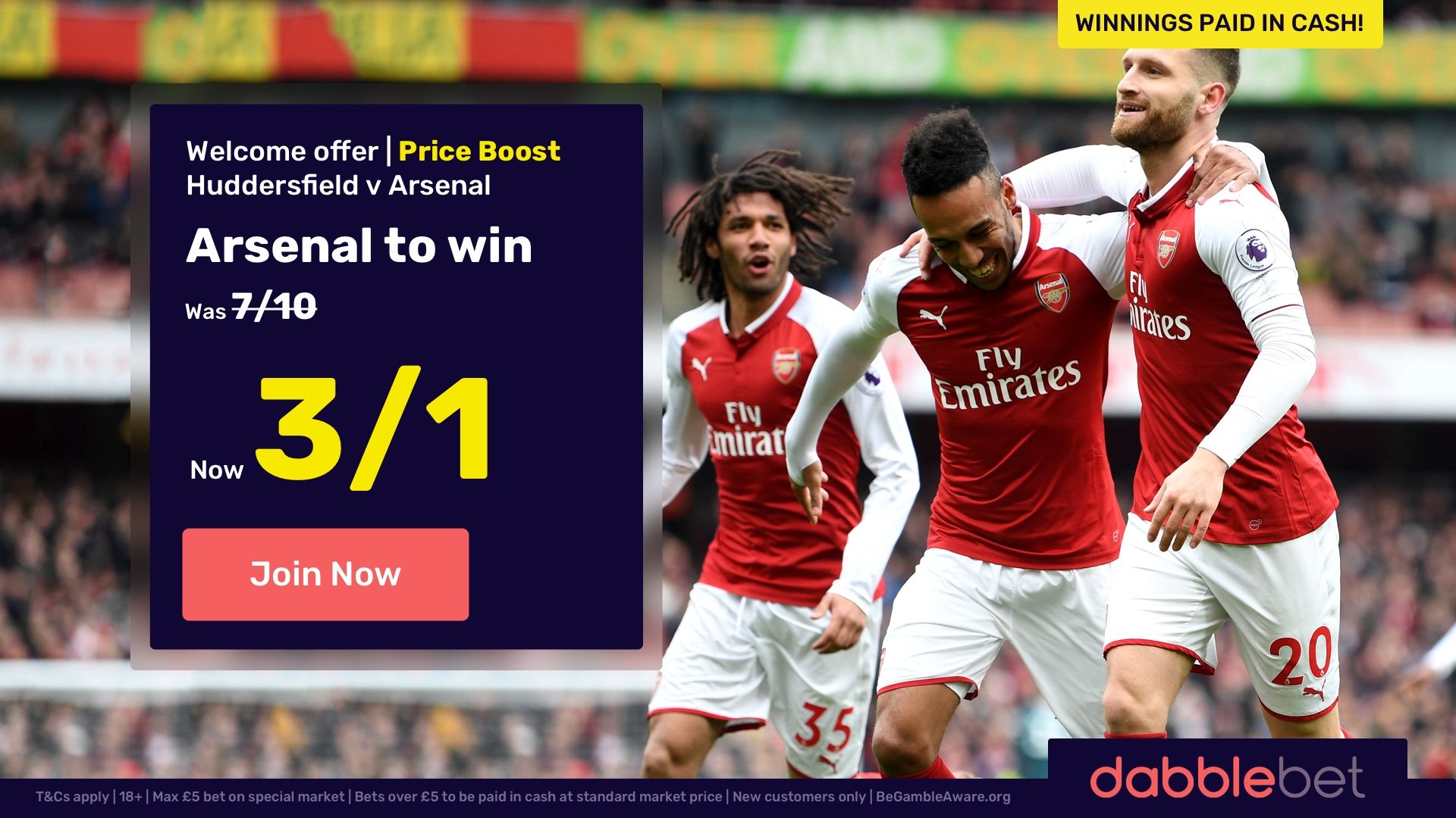Huddersfield Arsenal dabblebet offer in article