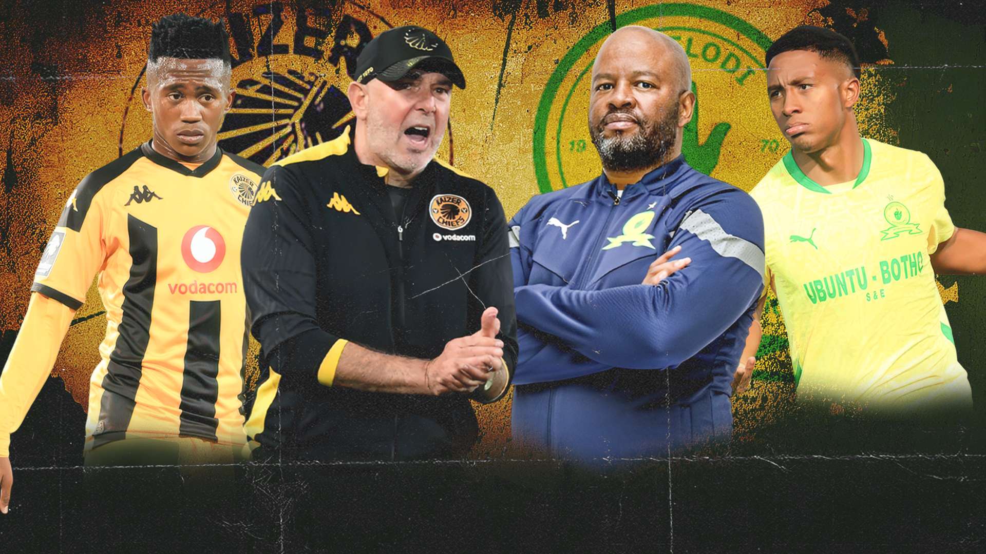 Nasreddine Nabi and Mduduzi Shabalala of Kaizer Chiefs, Manqoba Mngqithi and Lucas Ribeiro of Mamelodi Sundowns