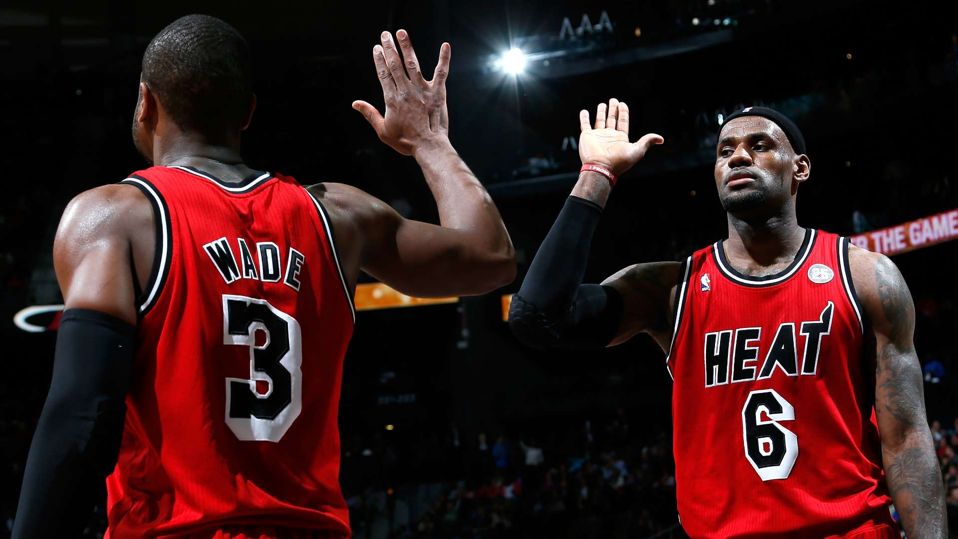 LeBron James and Dwyane Wade performing dunk celebration