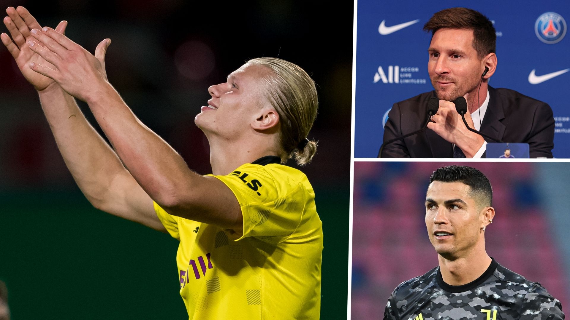 Erling Haaland Lionel Messi Cristiano Ronaldo Dortmund PSG Juventus GFX