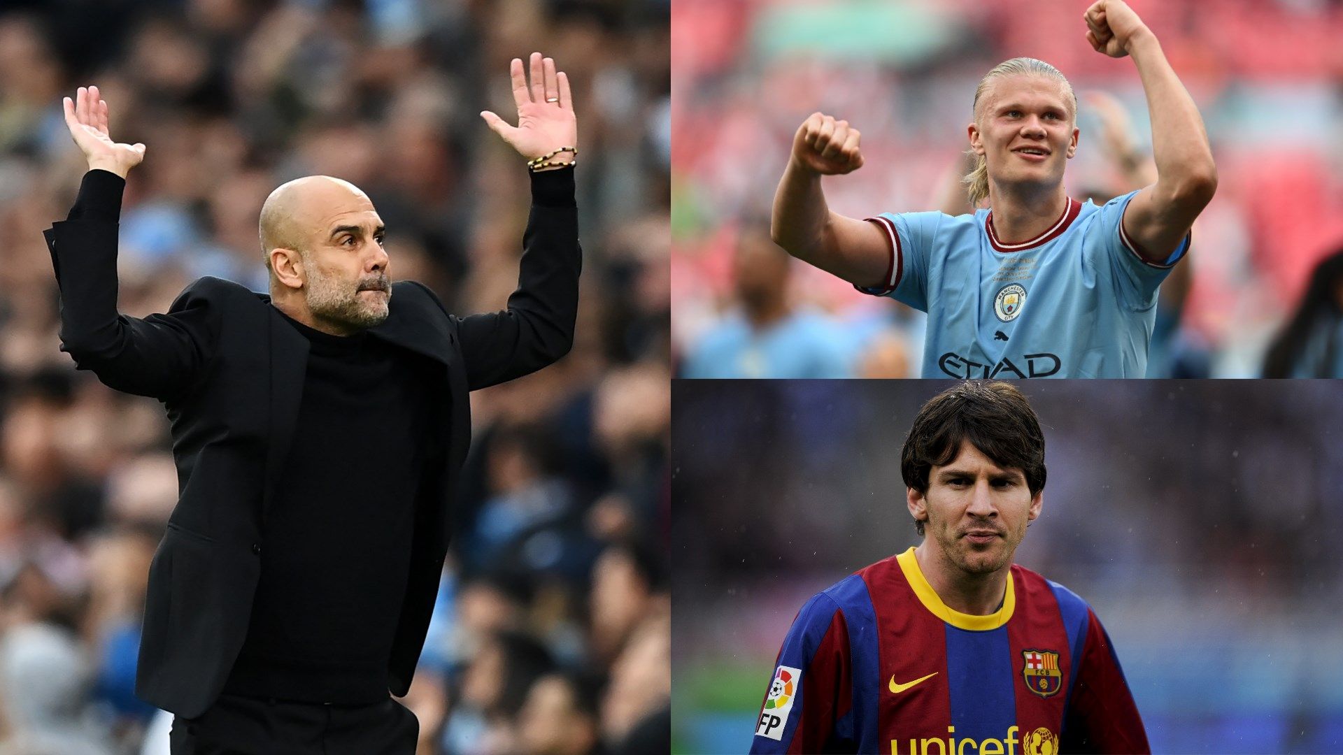 Pep Guardiola Messi Haaland composite