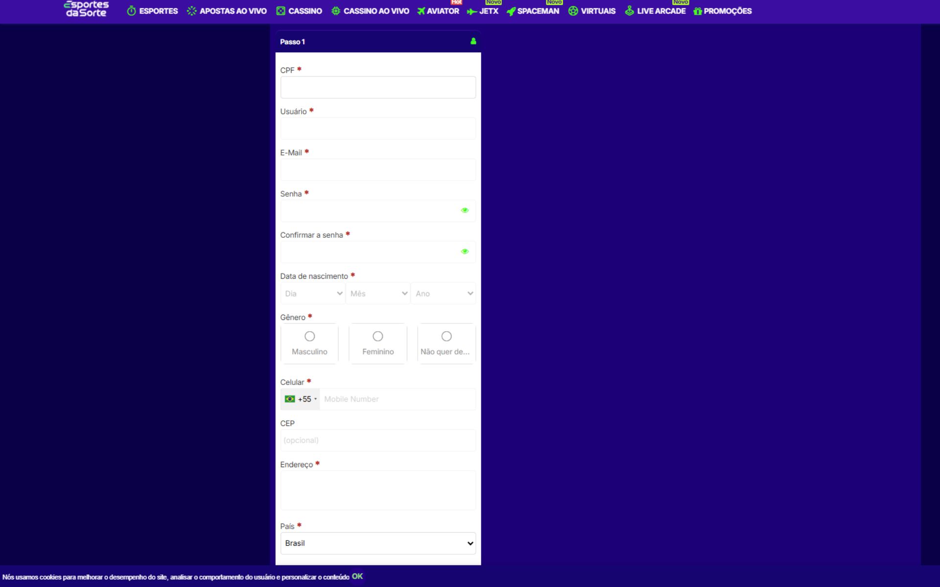 Formulário de cadastro esportes 