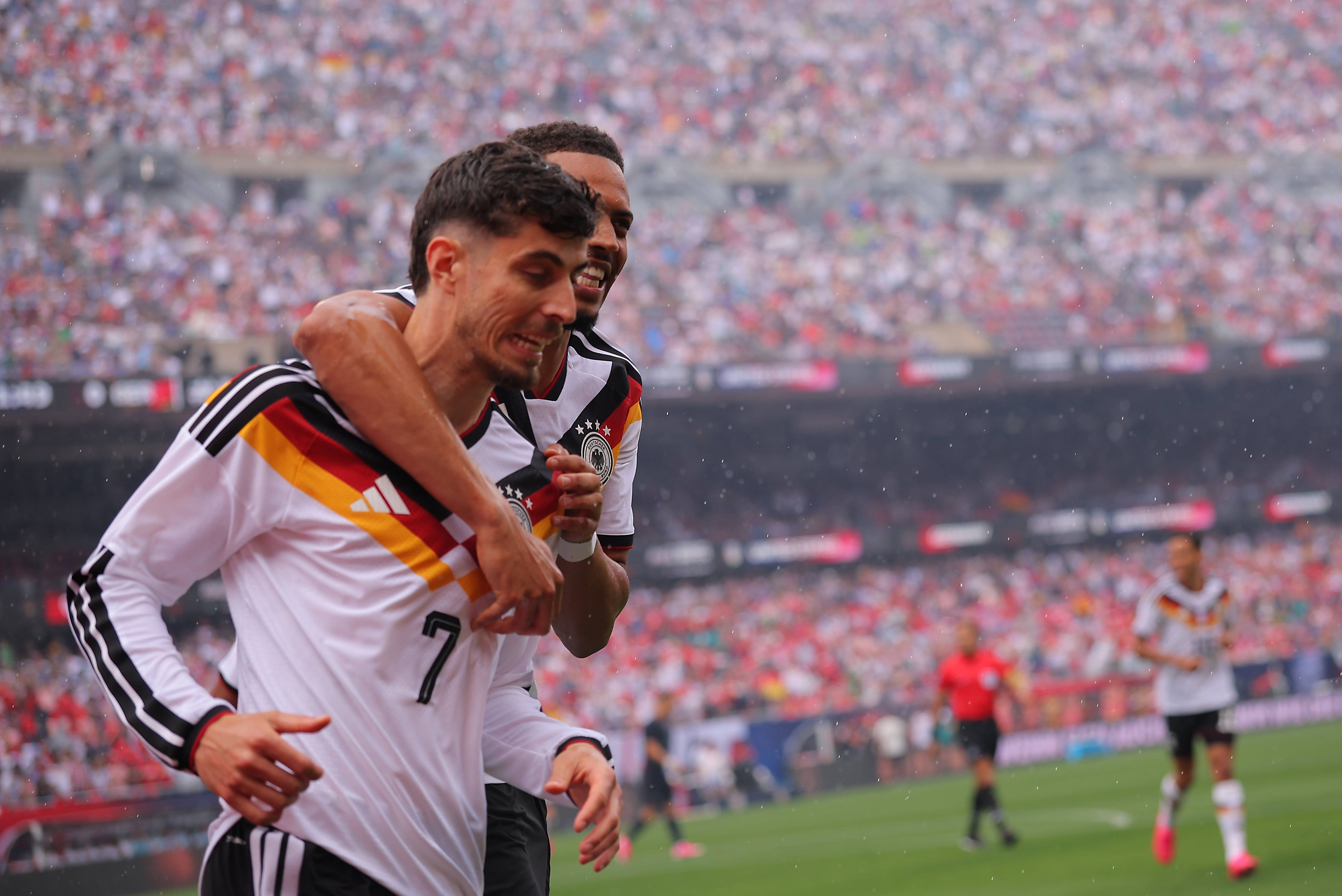 CHICAGO, IL - JUNE 06: Kai Havertz 7 of Germany celebrates with Felix Nmecha 23 of Germany after scoring during a friendly match between the United States on June 6, 2026 at Soldier Field in Chicago, Illinois. (Photo by Melissa Tamez Icon Sportswire) SOCCER: JUN 06 USA vs Germany EDITORIAL USE ONLY Icon260606001