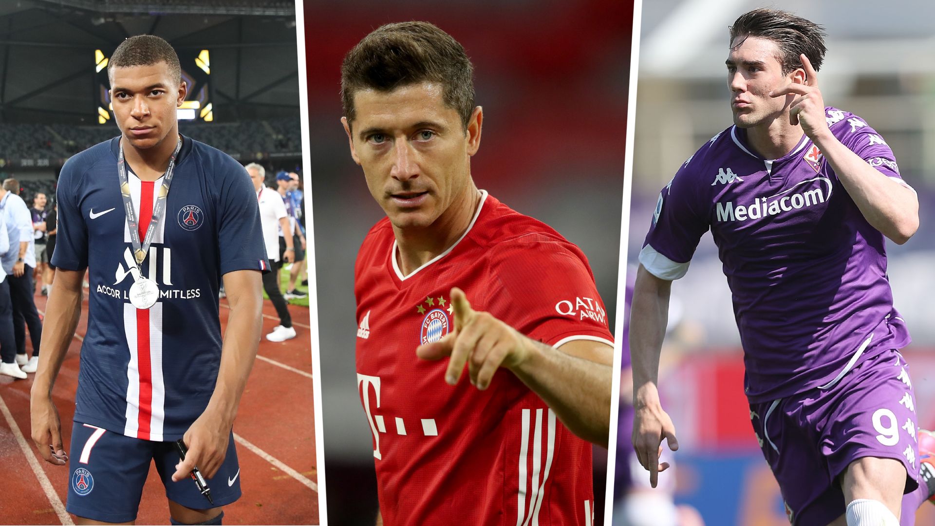 Kylian Mbappe, Robert Lewandowski, Dusan Vlahovic GFX