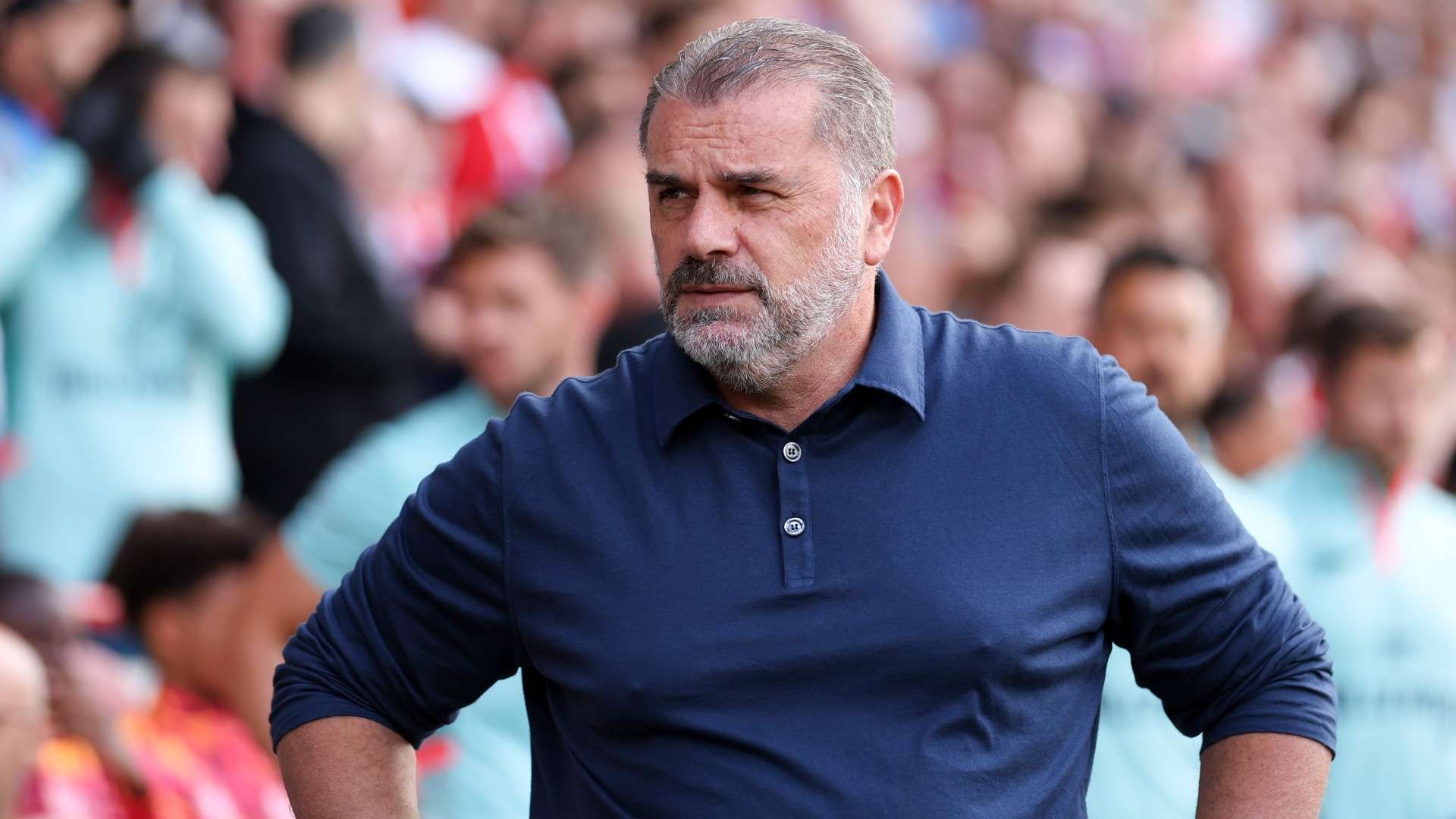 Tottenham boss Ange Postecoglou looks on at Gtech Community Stadium