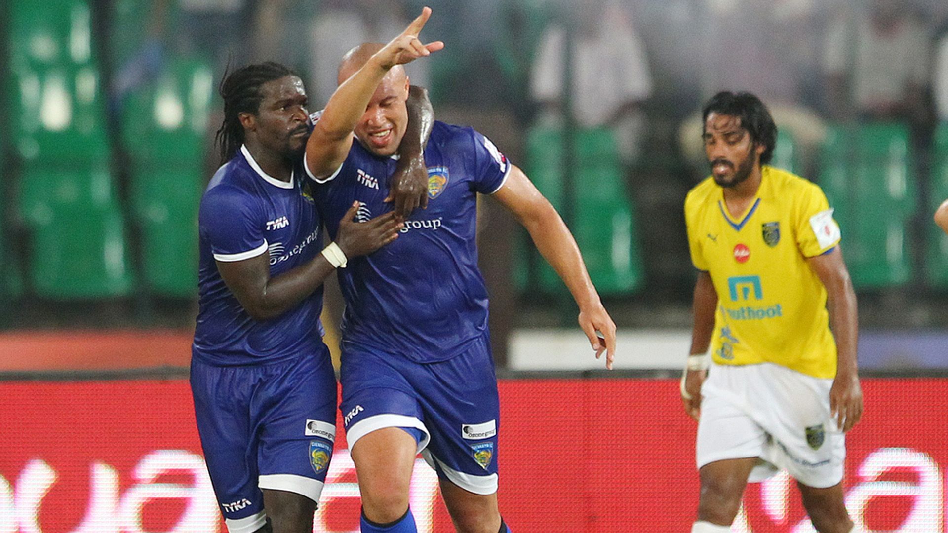 Mikael Silvestre of Chennaiyin FC celebrates goal during Second ISL semi final match against Kerala Blasters FC