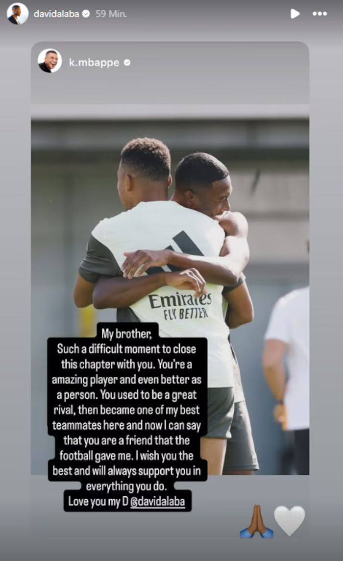 An Instagram story screenshot shared by David Alaba (@davidalaba), reposting a message from Kylian Mbappé (@k.mbappe). The image shows Mbappé and Alaba embracing in a hug during a Real Madrid training session. Mbappé's overlaid text reads: "My brother, Such a difficult moment to close this chapter with you. You're a amazing player and even better as a person. You used to be a great rival, then became one of my best teammates here and now I can say that you are a friend that the football gave me. I wish you the best and will always support you in everything you do. Love you my D @davidalaba".