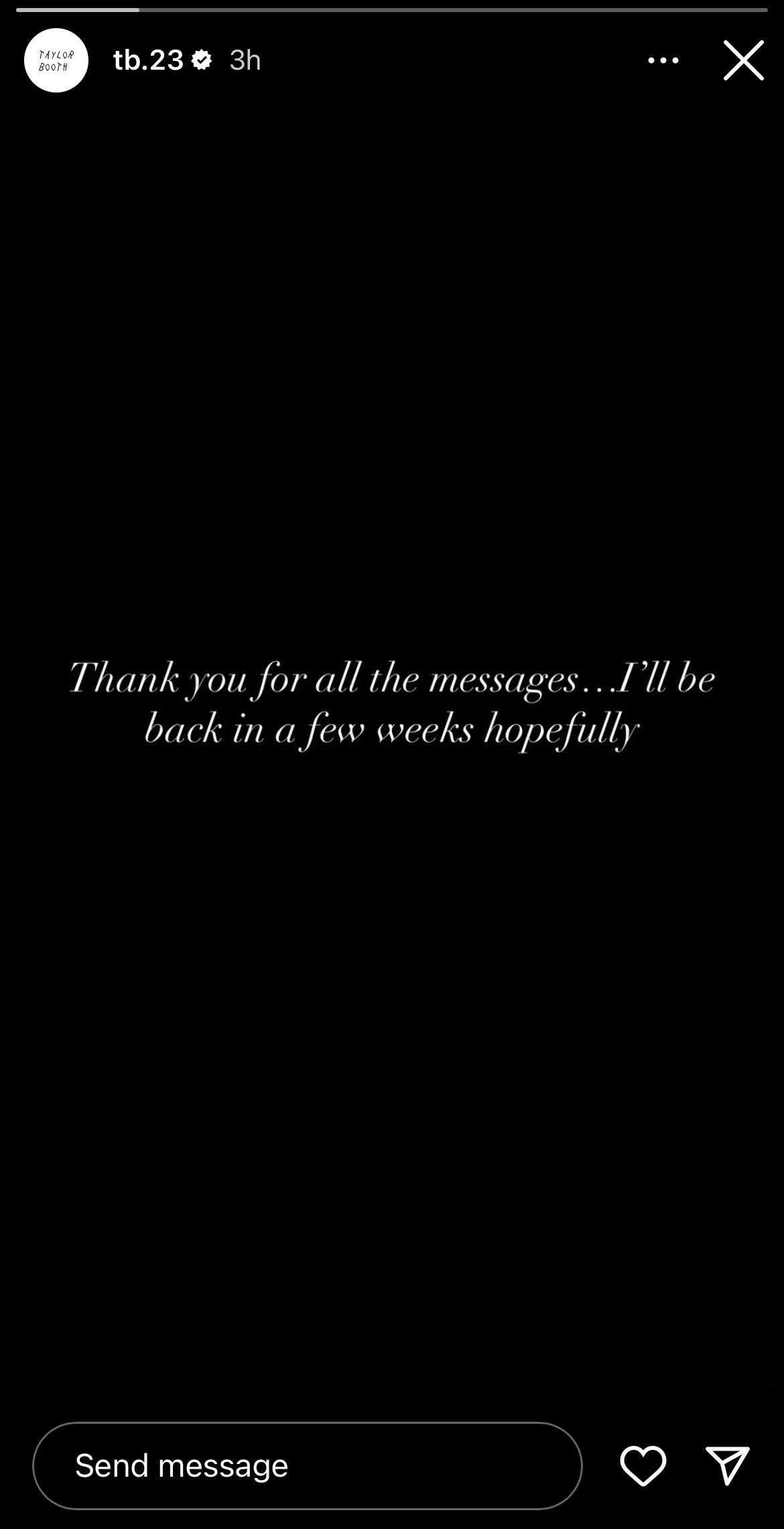 Taylor Booth Instagram story injury update