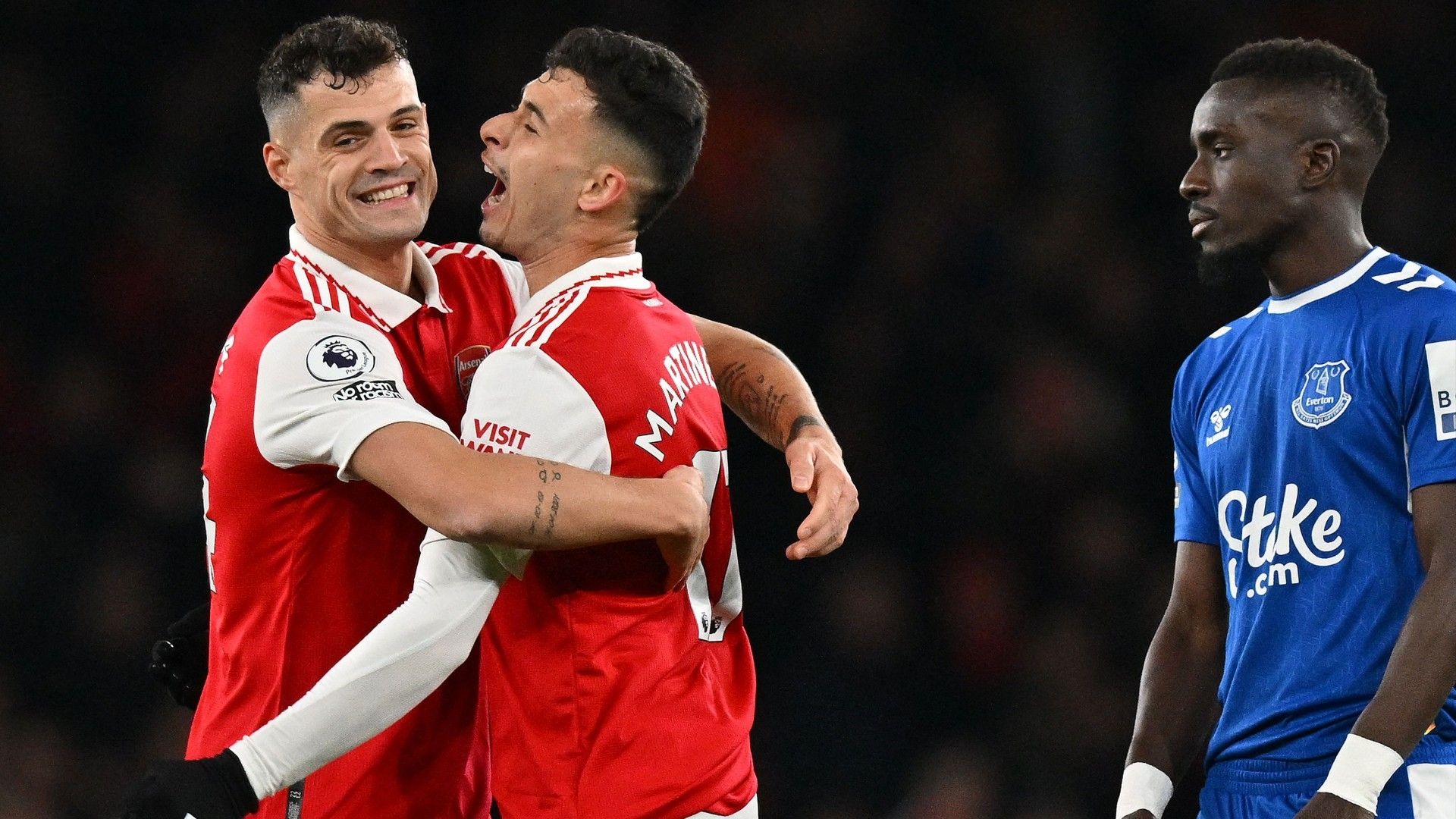 Xhaka Martinelli celebrate goal Arsenal vs Everton