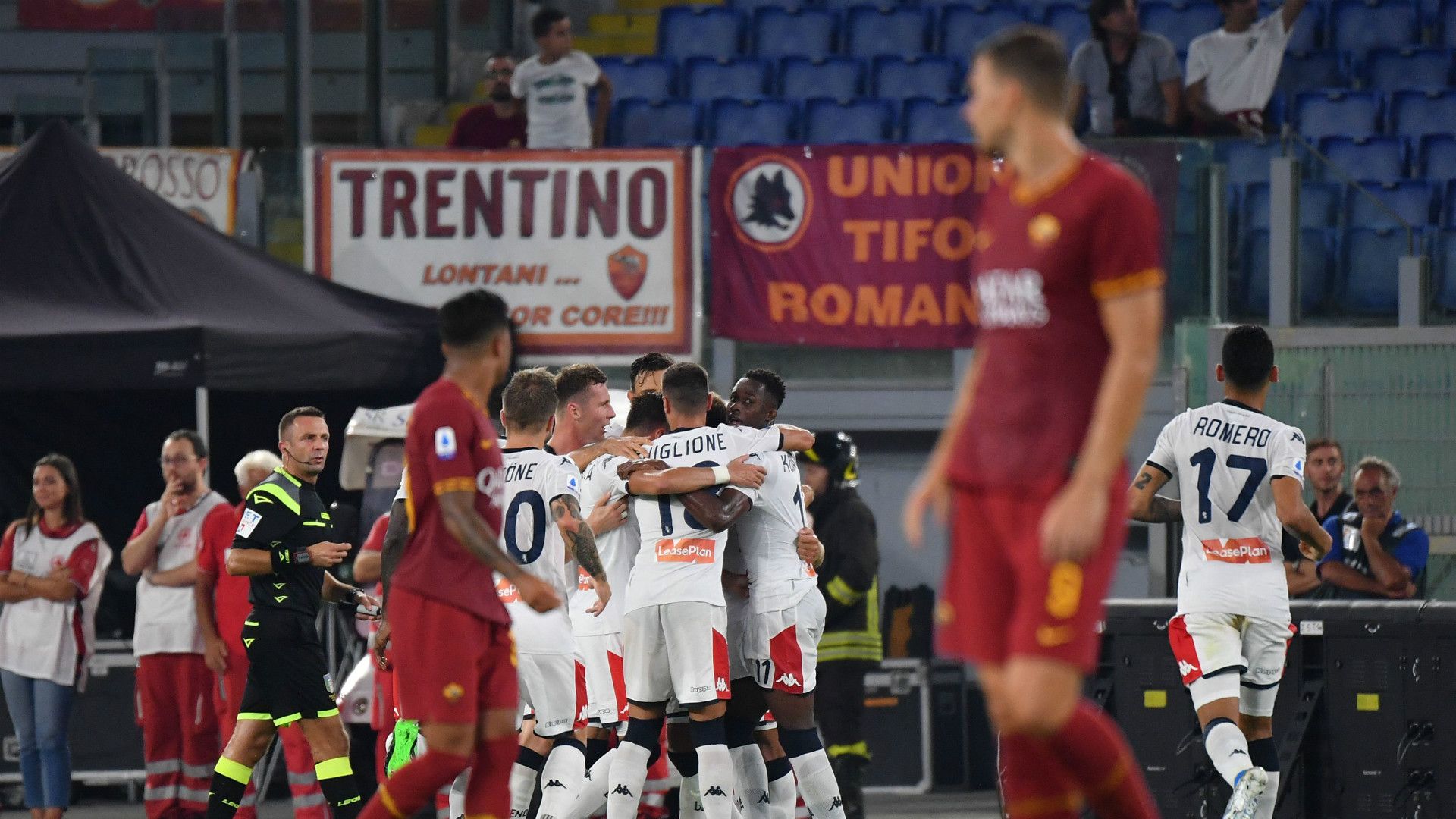 Genoa celebrating Roma Serie A