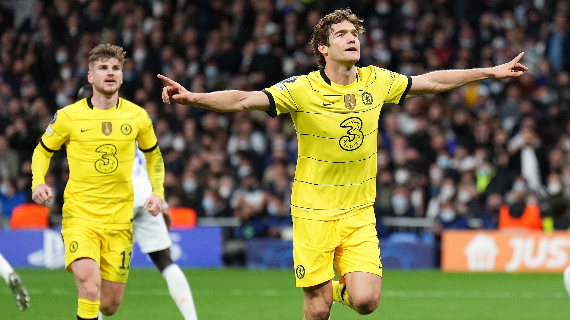 Marcos Alonso celebrates, Real Madrid vs Chelsea UCL 2021-22
