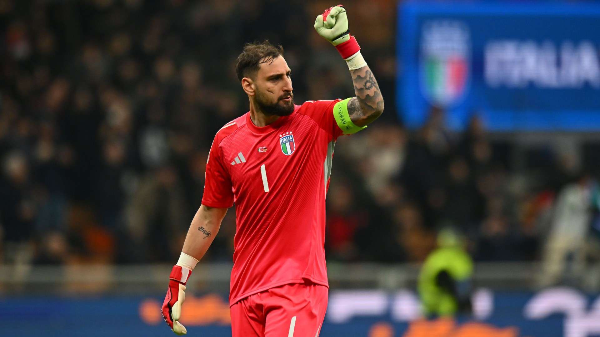 Gianluigi Donnarumma of Italy celebrates during the UEFA Nations League quarterfinal leg one