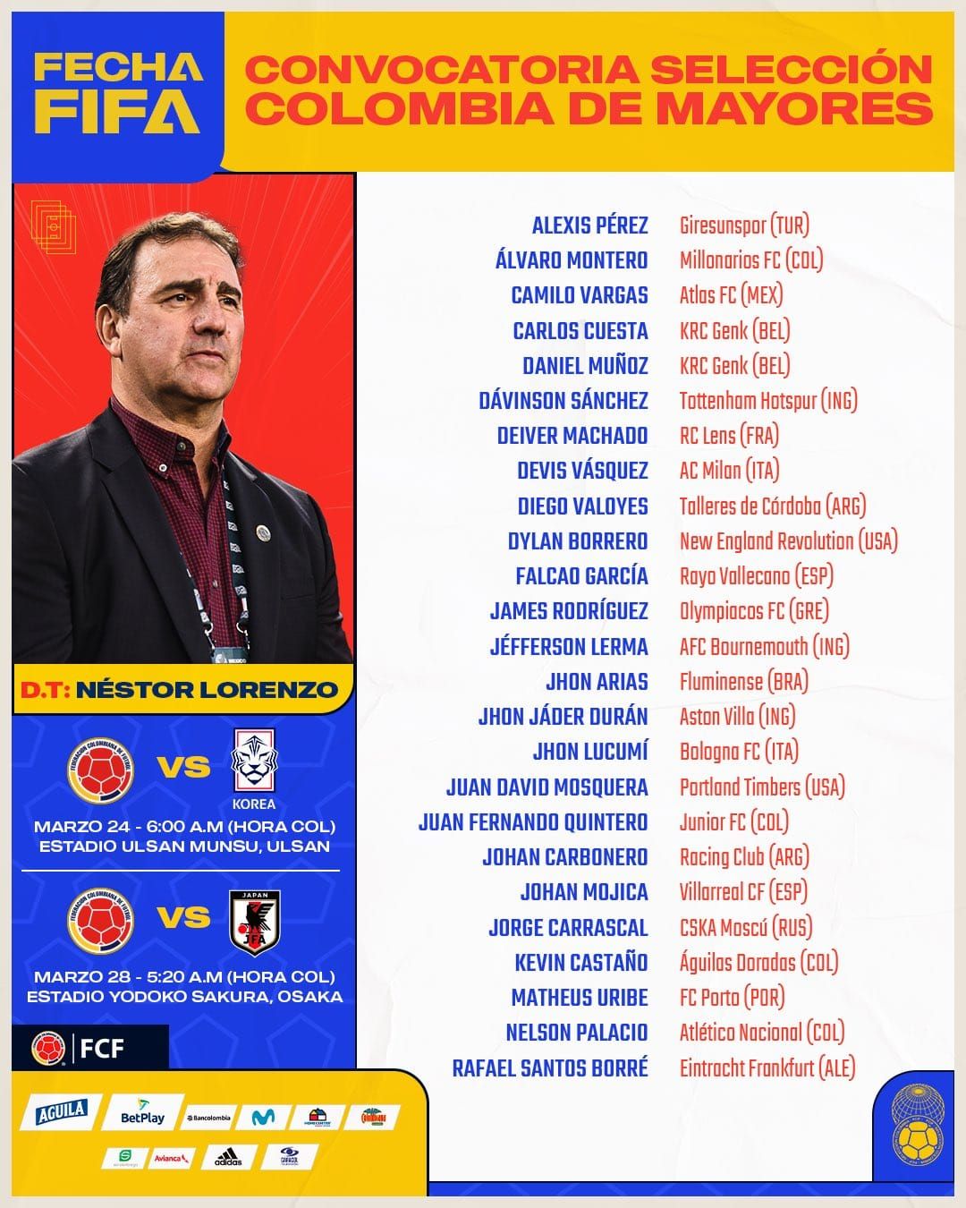 Convocatoria Colombia Corea del Sura Amistoso 2023