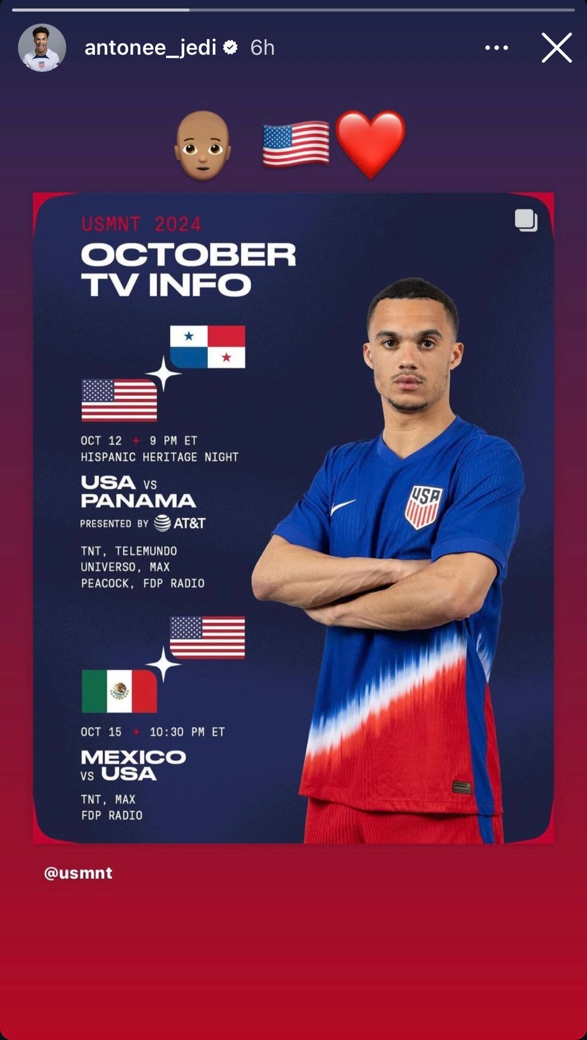 Antonee Robinson USMNT Oct. callup Insta post