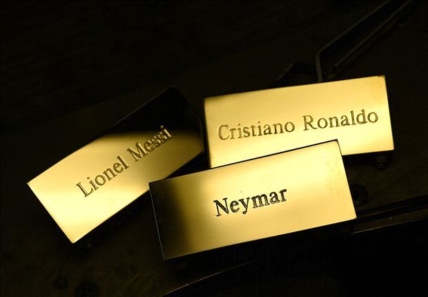Lionel Messi Cristiano Ronaldo Neymar nametags Ballon d'Or 2015